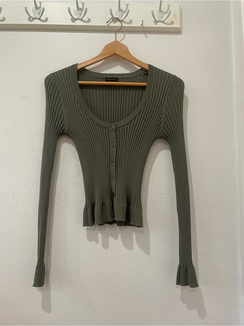 Dynamite Olive Ribbed Button-Front Scoop Neck Peplum Top